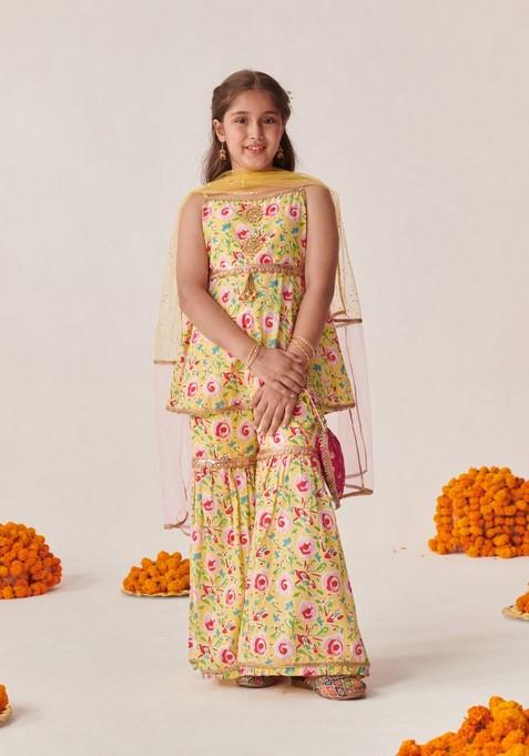 Yellow Floral Print Kurta With Sharara And Dupatta (Set of 3)