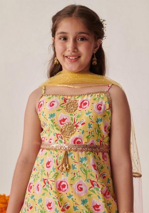 Yellow Floral Print Kurta With Sharara And Dupatta (Set of 3)