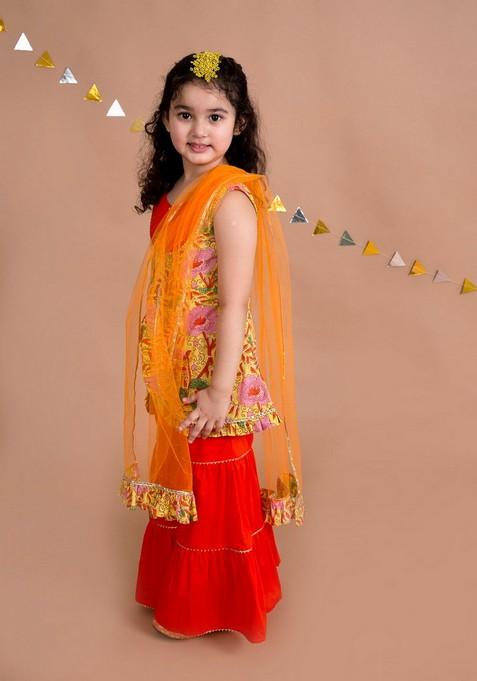 Yellow Printed Kurta With Sharara And Dupatta (Set of 3)