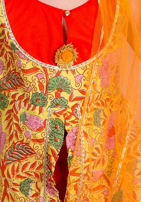 Yellow Printed Kurta With Sharara And Dupatta (Set of 3)