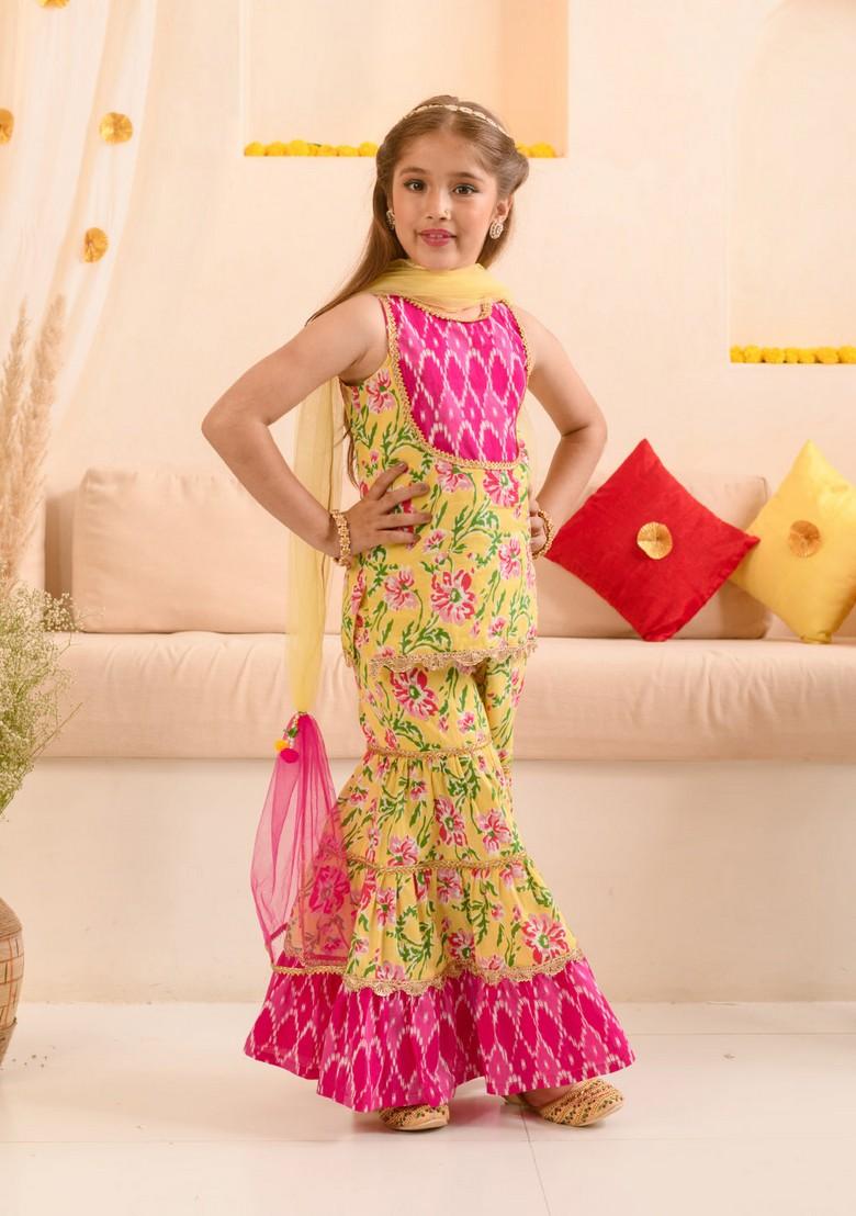 Yellow Printed Kurta With Sharara And Dupatta (Set of 3)