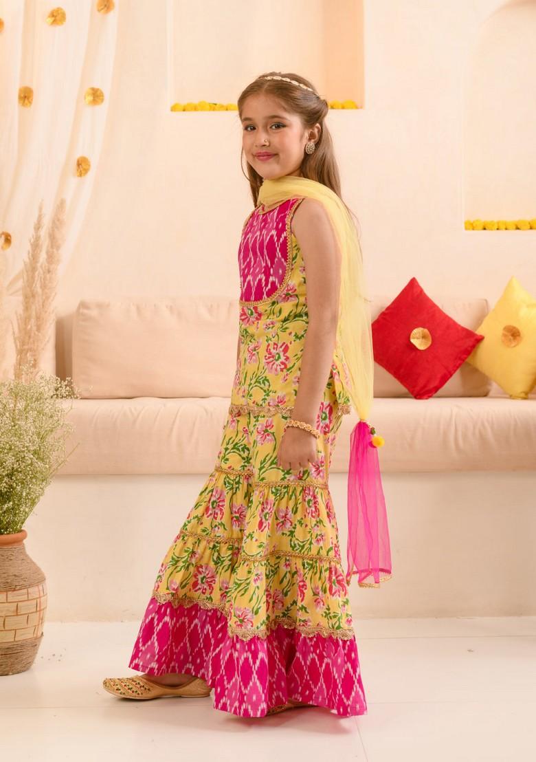 Yellow Printed Kurta With Sharara And Dupatta (Set of 3)