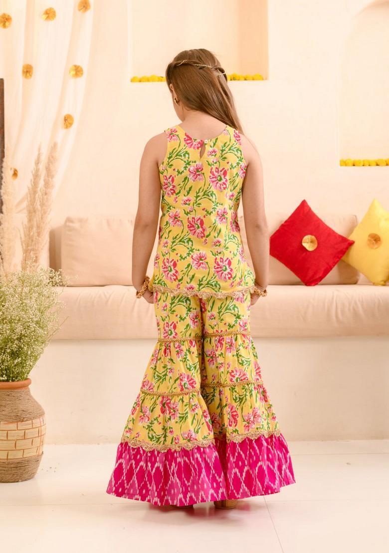 Yellow Printed Kurta With Sharara And Dupatta (Set of 3)