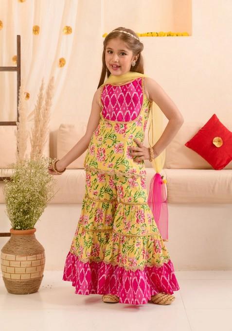 Yellow Printed Kurta With Sharara And Dupatta (Set of 3)