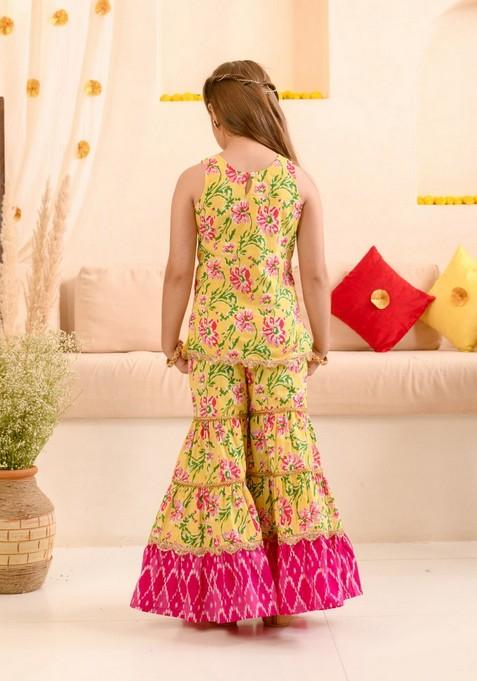 Yellow Printed Kurta With Sharara And Dupatta (Set of 3)