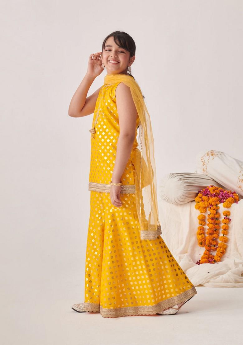 Yellow Floral Print Kurta With Sharara And Dupatta (Set of 3)
