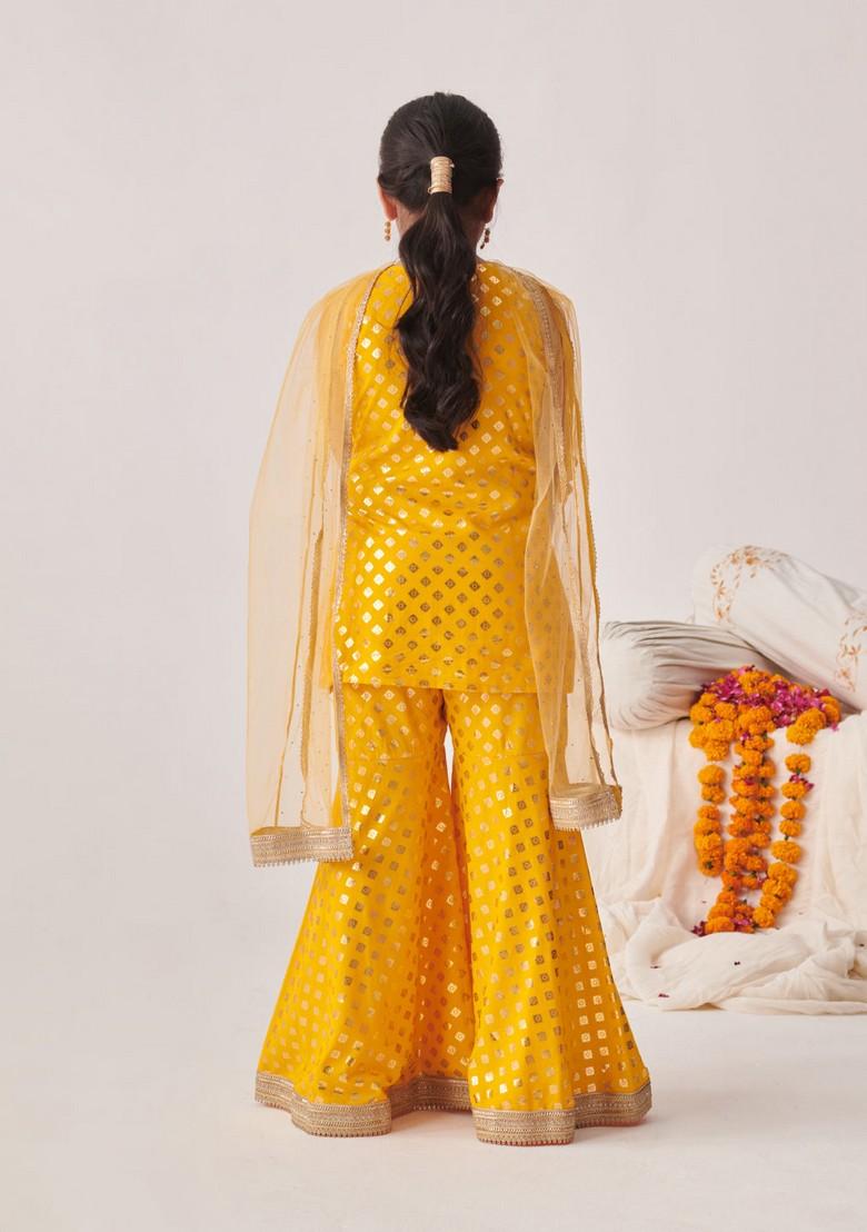 Yellow Floral Print Kurta With Sharara And Dupatta (Set of 3)