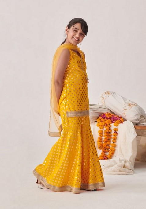 Yellow Floral Print Kurta With Sharara And Dupatta (Set of 3)