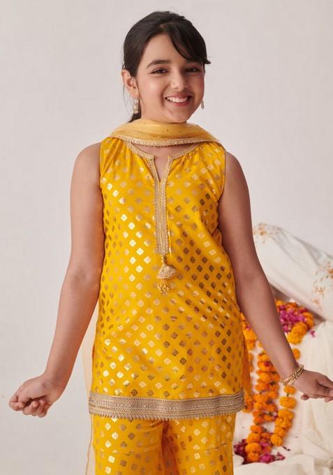 Yellow Floral Print Kurta With Sharara And Dupatta (Set of 3)