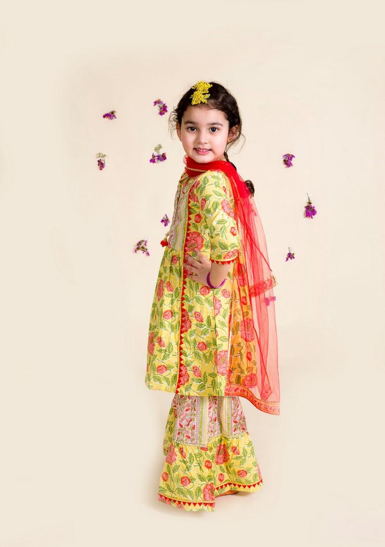 Yellow Printed Kurta With Sharara And Dupatta (Set of 3)