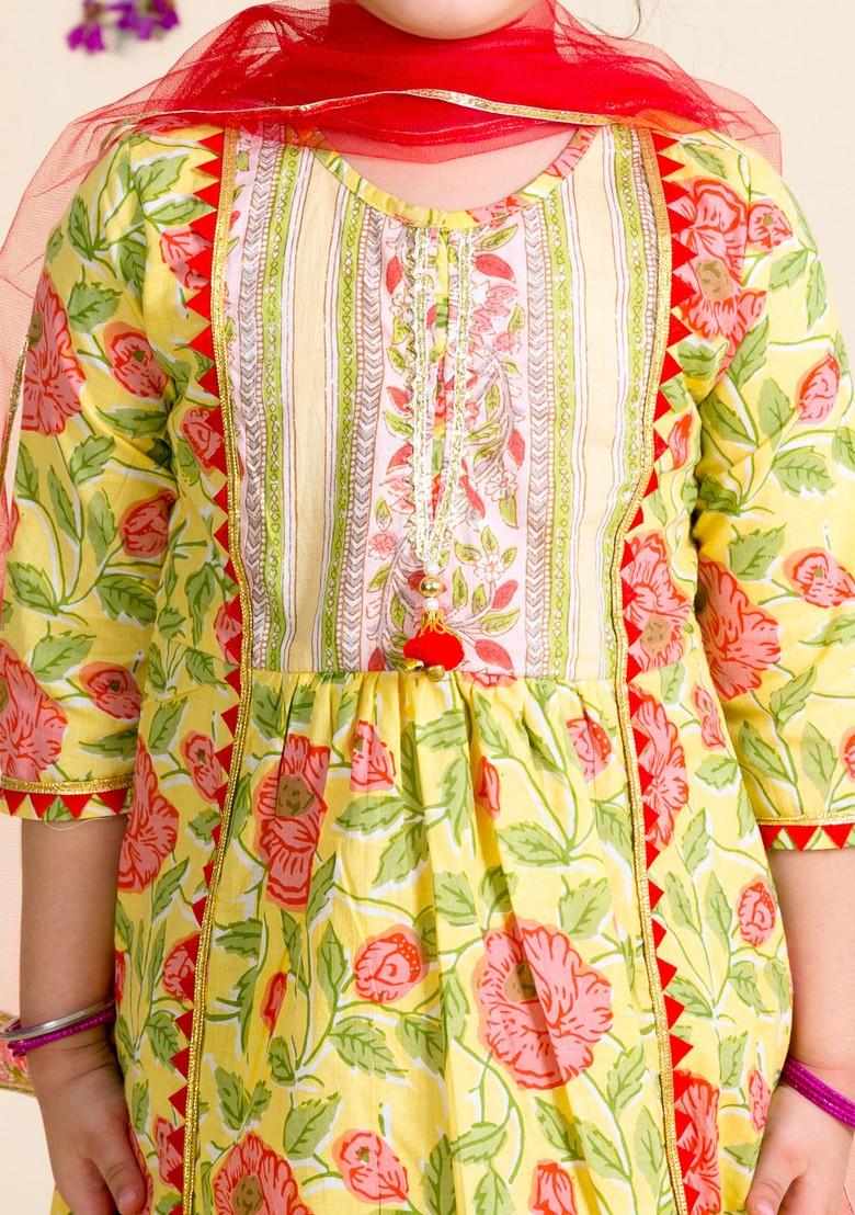 Yellow Printed Kurta With Sharara And Dupatta (Set of 3)