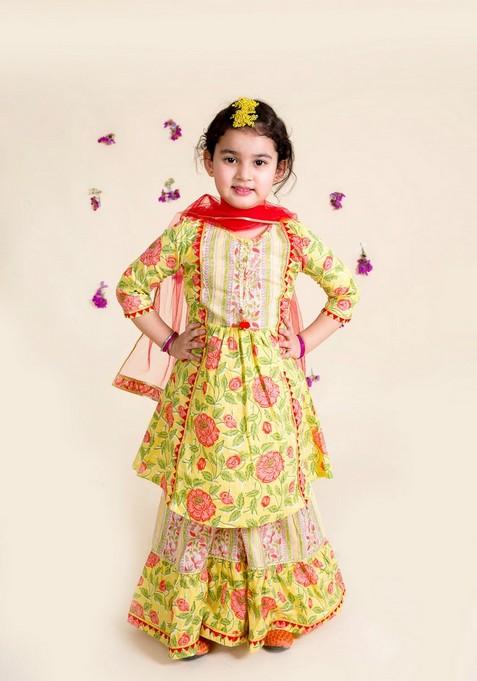 Yellow Printed Kurta With Sharara And Dupatta (Set of 3)