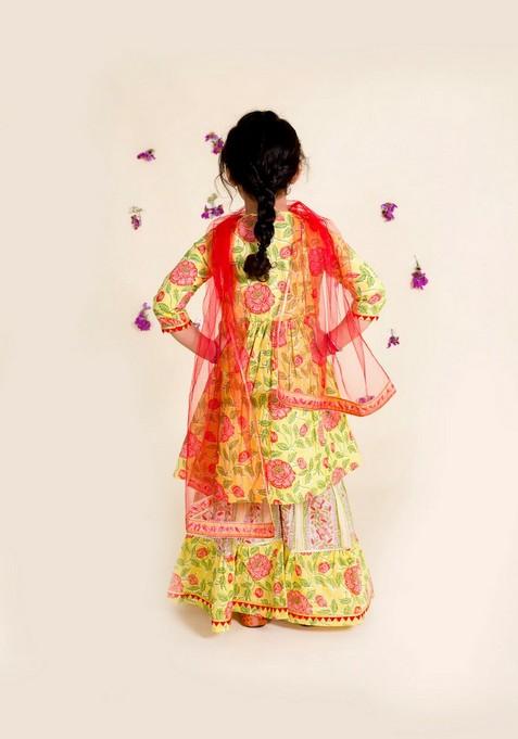 Yellow Printed Kurta With Sharara And Dupatta (Set of 3)