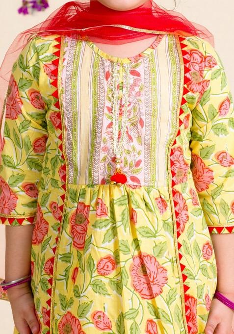 Yellow Printed Kurta With Sharara And Dupatta (Set of 3)