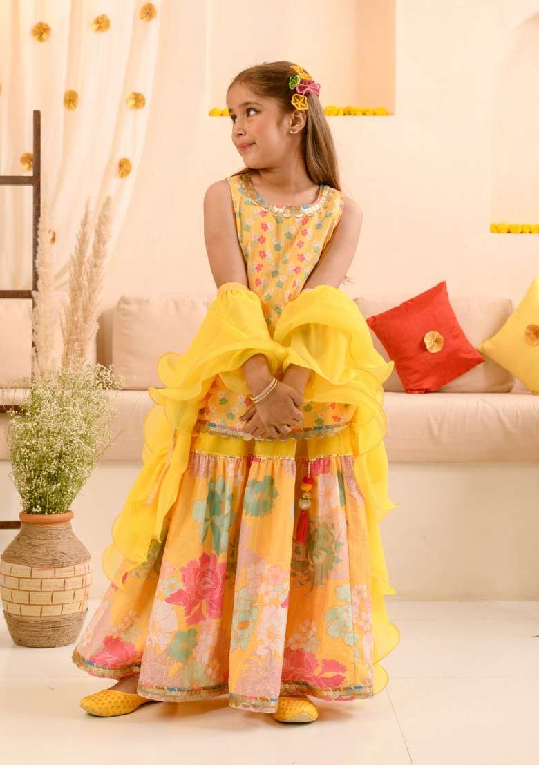 Yellow Printed Kurta With Sharara And Dupatta (Set of 3) - Indya