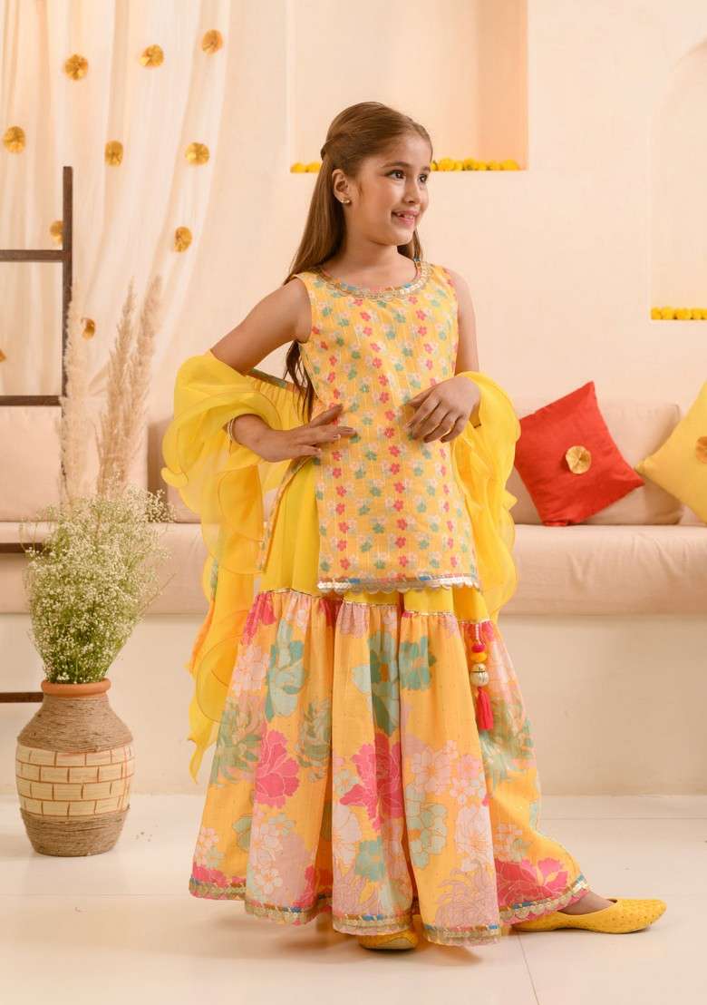 Yellow Printed Kurta With Sharara And Dupatta (Set of 3) - Indya