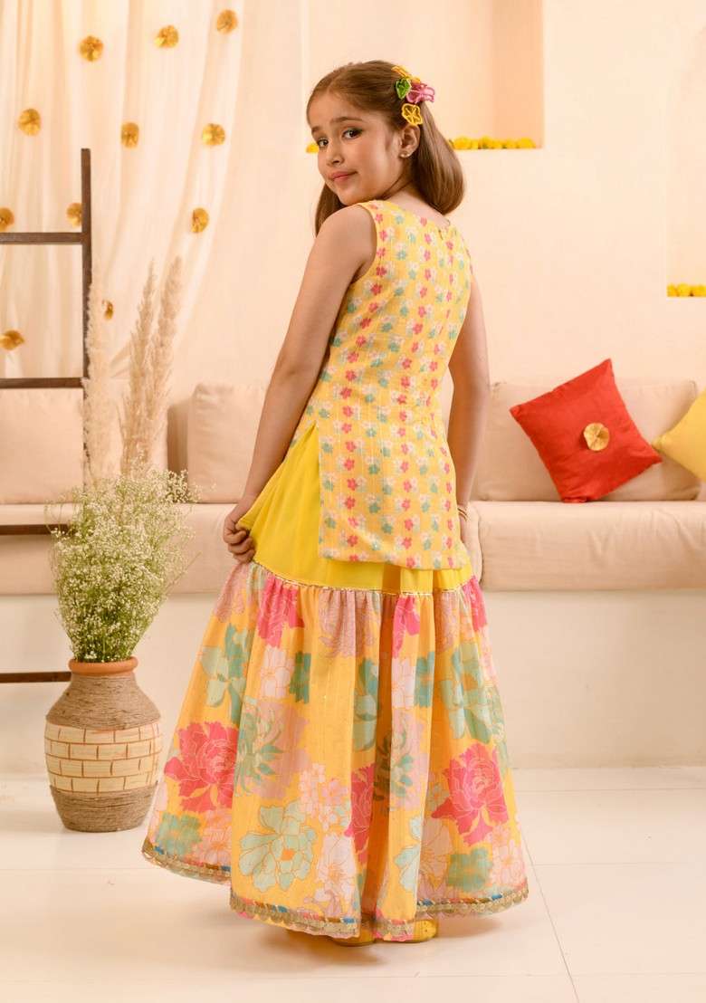 Yellow Printed Kurta With Sharara And Dupatta (Set of 3) - Indya