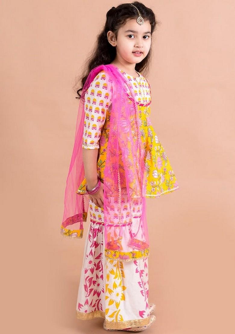 Yellow Printed Kurta With Sharara And Dupatta (Set of 3)