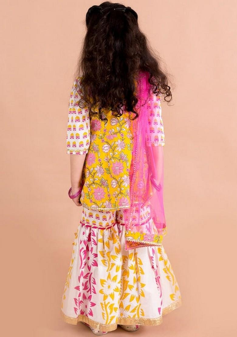 Yellow Printed Kurta With Sharara And Dupatta (Set of 3)