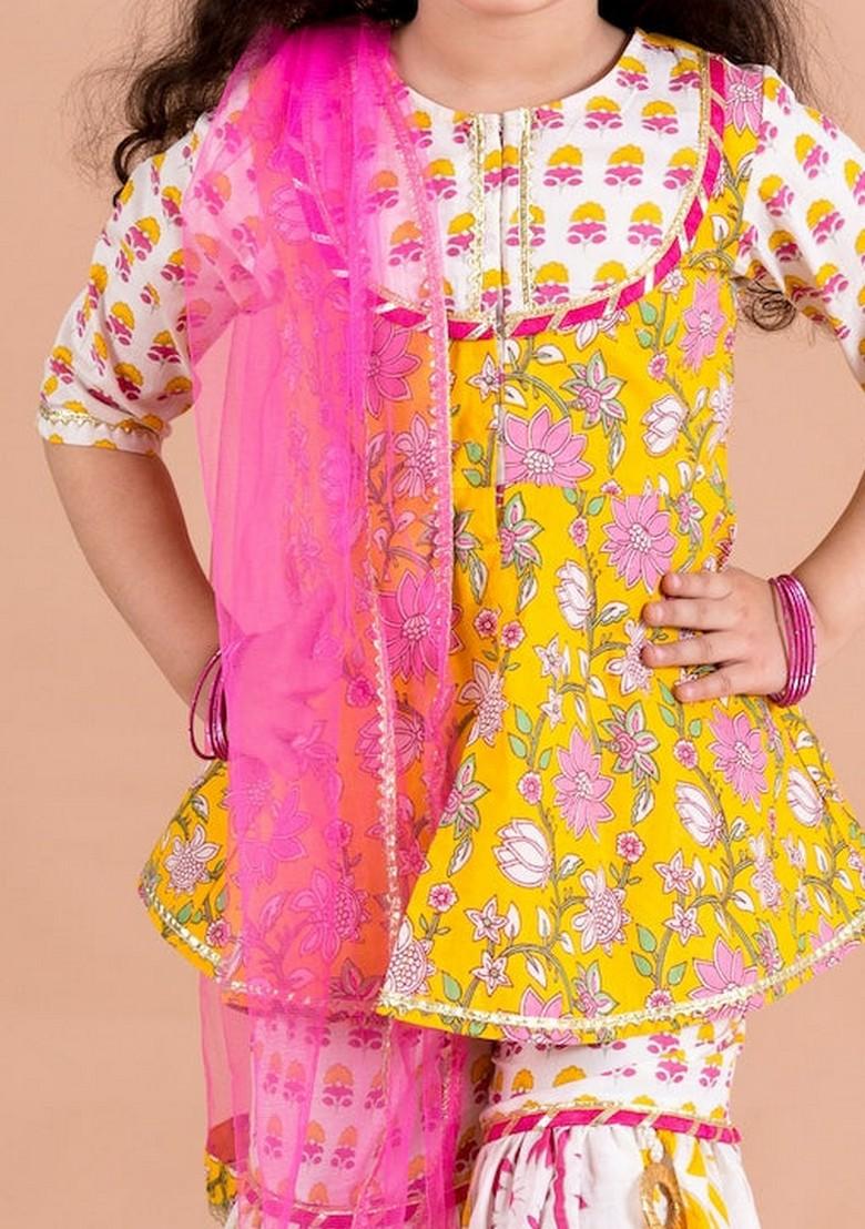 Yellow Printed Kurta With Sharara And Dupatta (Set of 3)