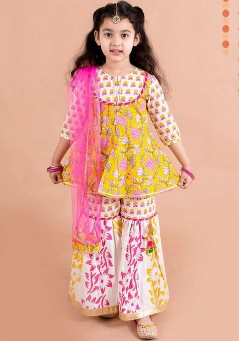 Yellow Printed Kurta With Sharara And Dupatta (Set of 3)