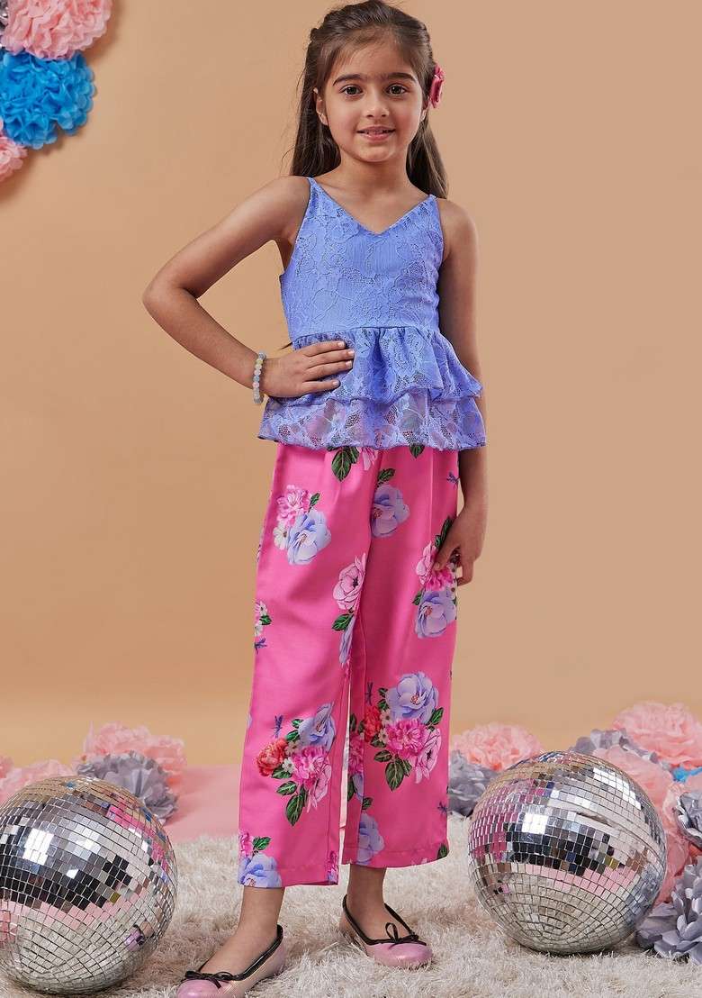 Blue Printed Top With Pants (Set of 2) - Indya