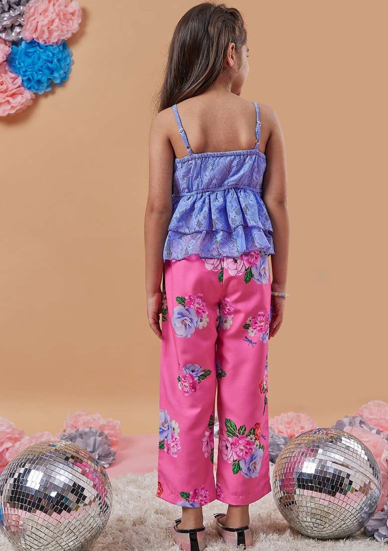 Blue Printed Top With Pants (Set of 2) - Indya