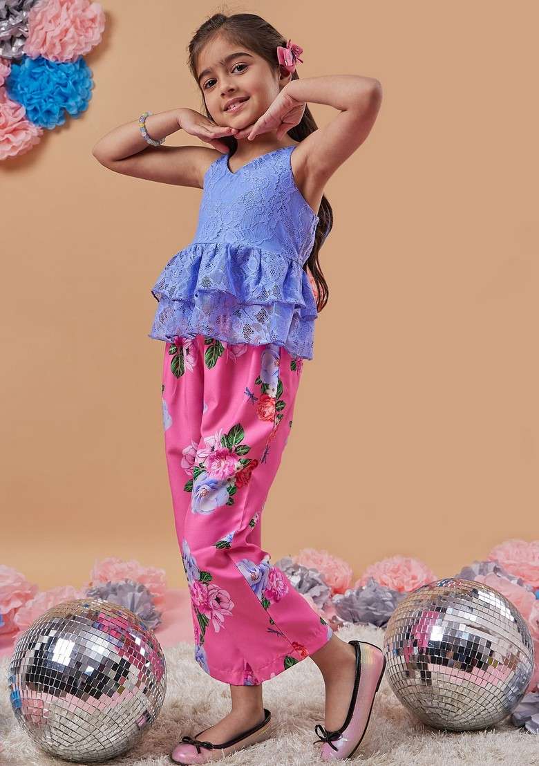Blue Printed Top With Pants (Set of 2) - Indya