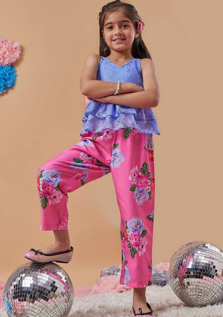 Blue Printed Top With Pants (Set of 2) - Indya