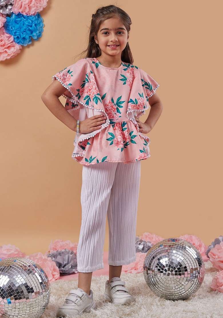 Peach Printed Top With Pants (Set of 2) - Indya