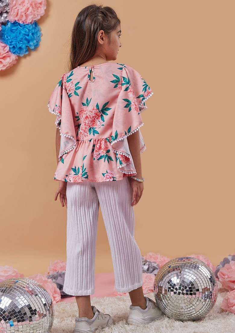 Peach Printed Top With Pants (Set of 2) - Indya