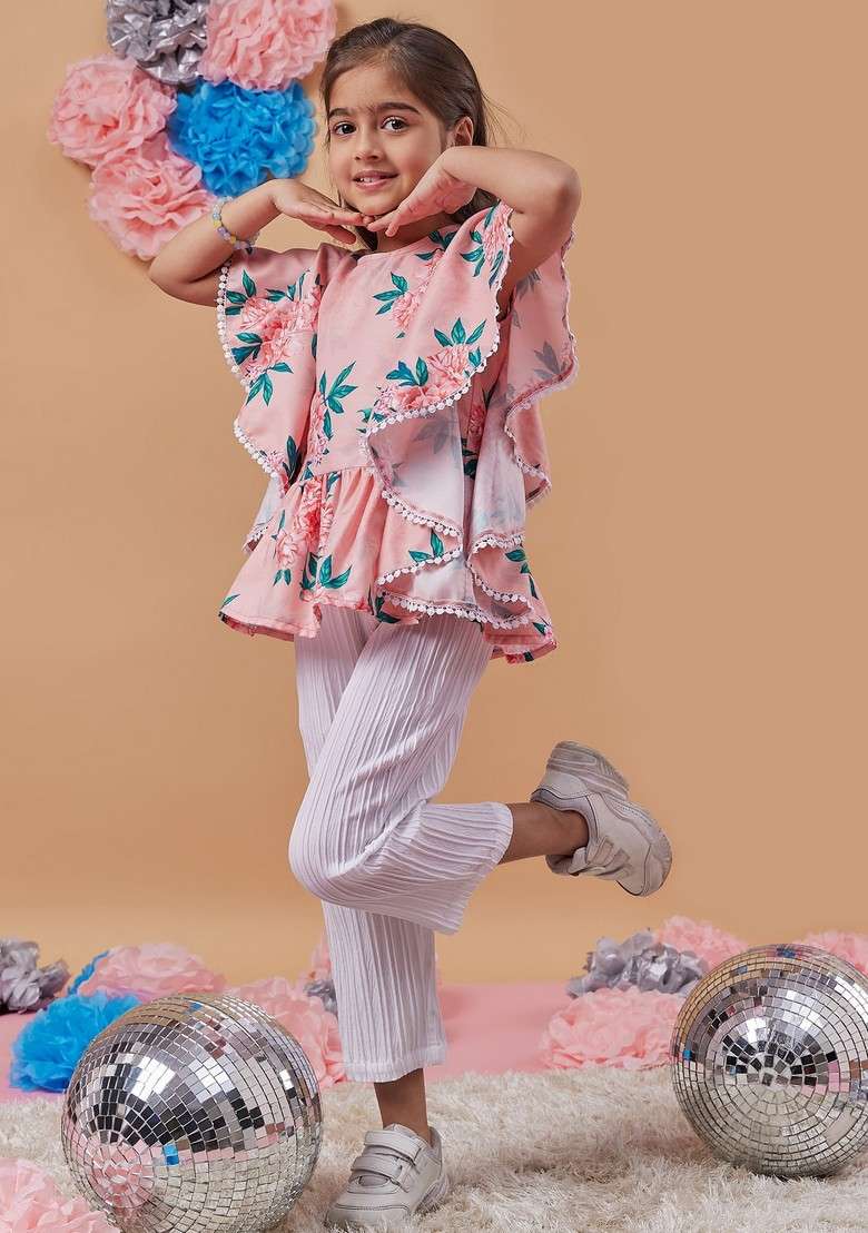 Peach Printed Top With Pants (Set of 2) - Indya