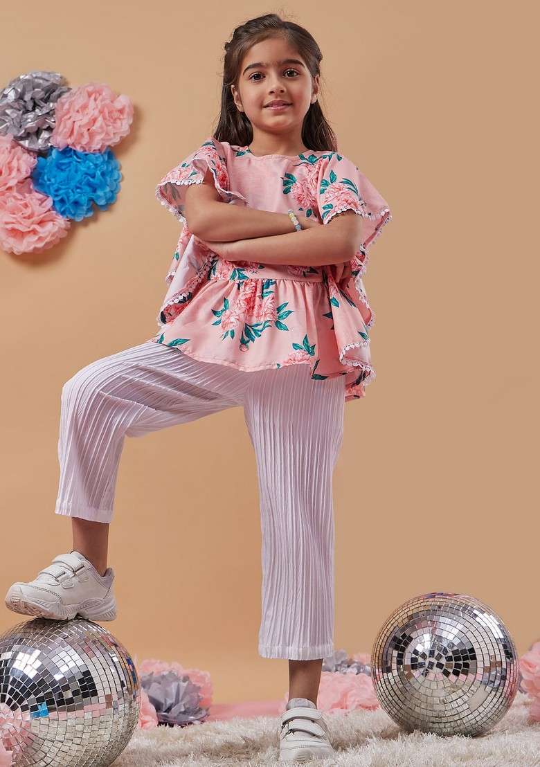 Peach Printed Top With Pants (Set of 2) - Indya