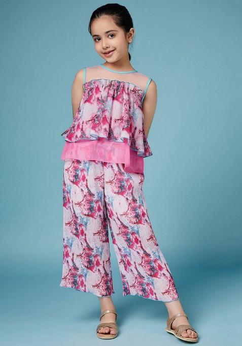 Pink Printed Top With Pants (Set of 2)