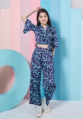 Navy Blue Printed Top With Pants (Set of 2)