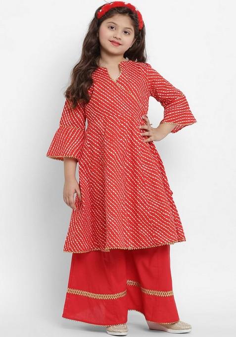 Red Printed Angrakha Kurta With Palazzo (Set of 2)