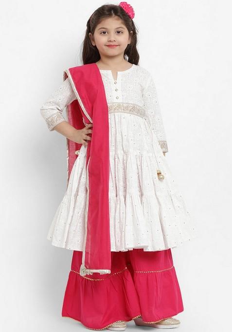 White Printed Kurta With Sharara And Dupatta (Set of 3)