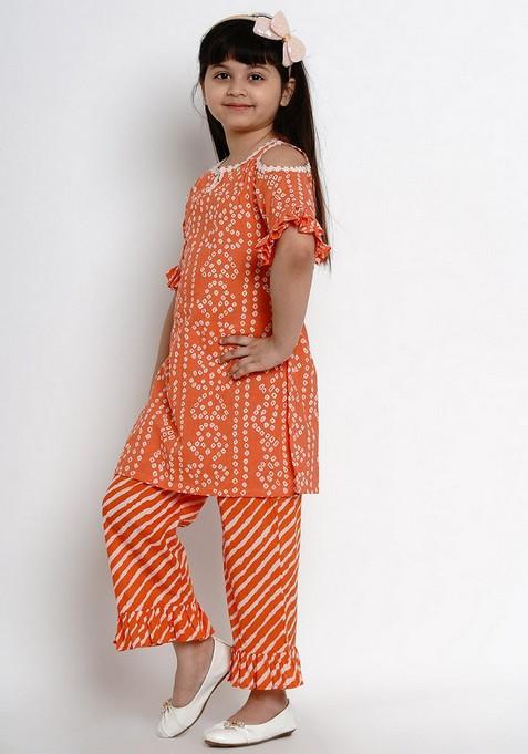 Orange Printed Kurta With Palazzo (Set of 2)