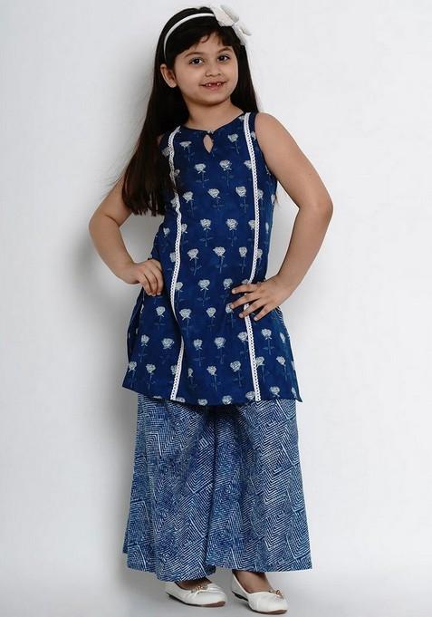 Navy Blue Printed Kurta With Palazzo (Set of 2)