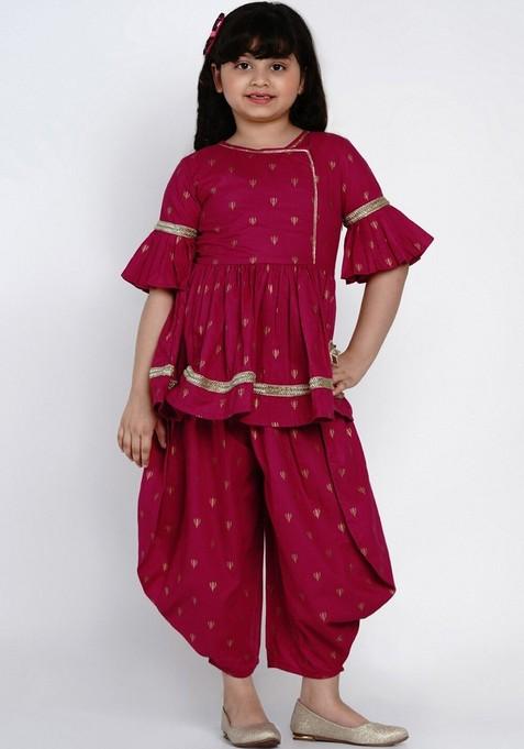 Magenta Printed Angrakha Kurta With Dhoti (Set of 2)