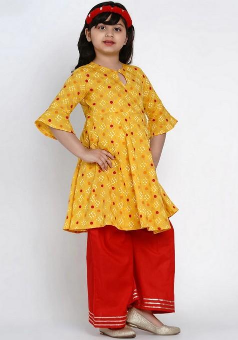 Yellow Printed Kurta With Palazzo (Set of 2)