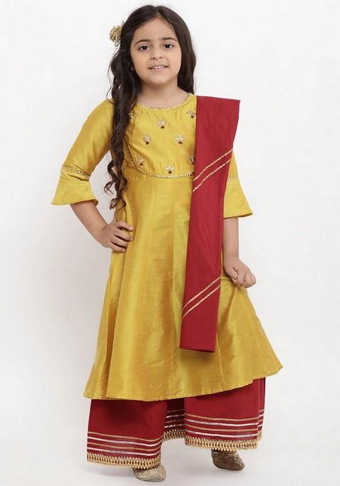 Yellow Embroidered Kurta With Palazzo And Dupatta (Set of 3)