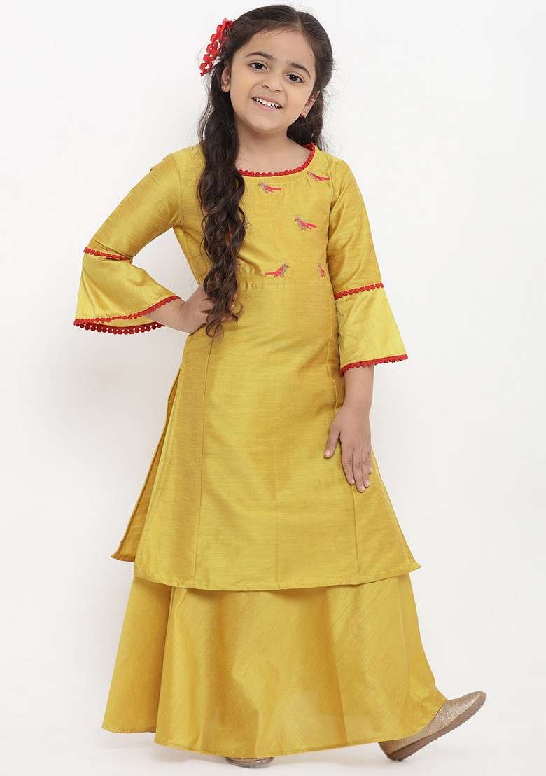 Yellow Embroidered Kurta With Skirt (Set of 2) - Indya