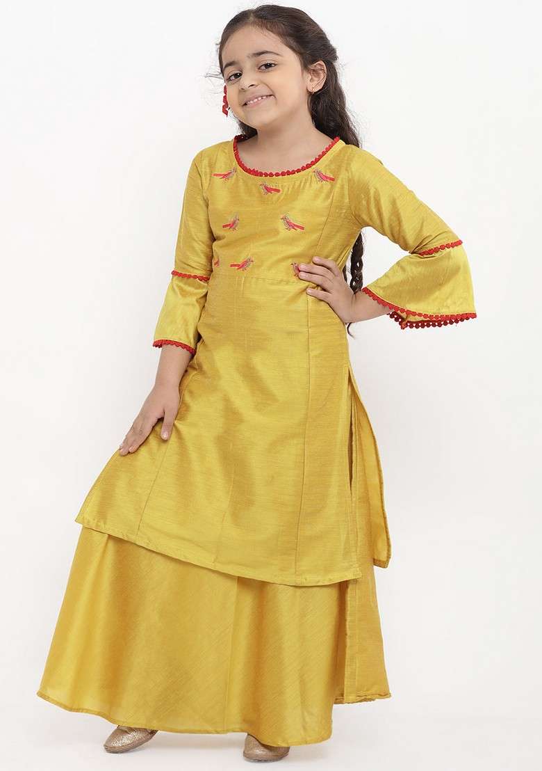 Yellow Embroidered Kurta With Skirt (Set of 2) - Indya