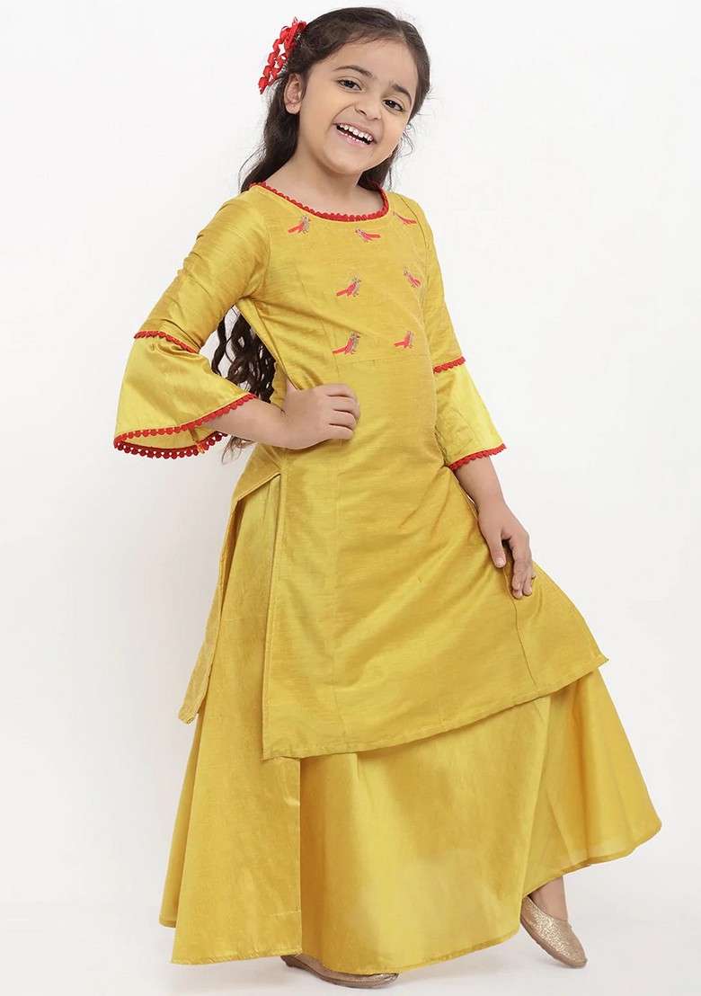 Yellow Embroidered Kurta With Skirt (Set of 2) - Indya