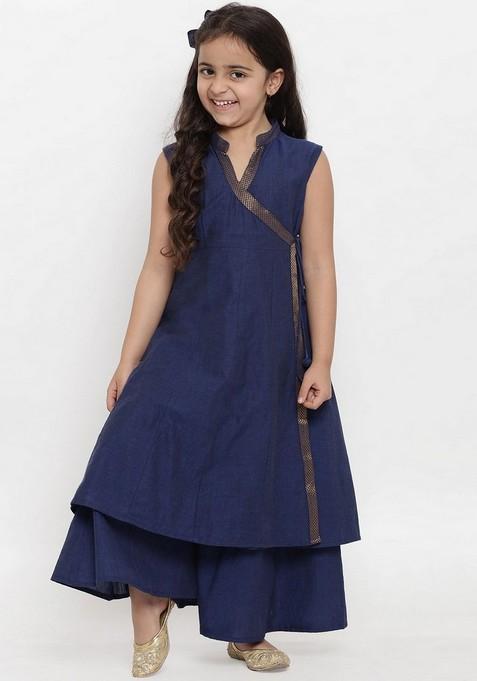 Navy Blue Self Design Kurta With Palazzo (Set of 2) — view on Indya