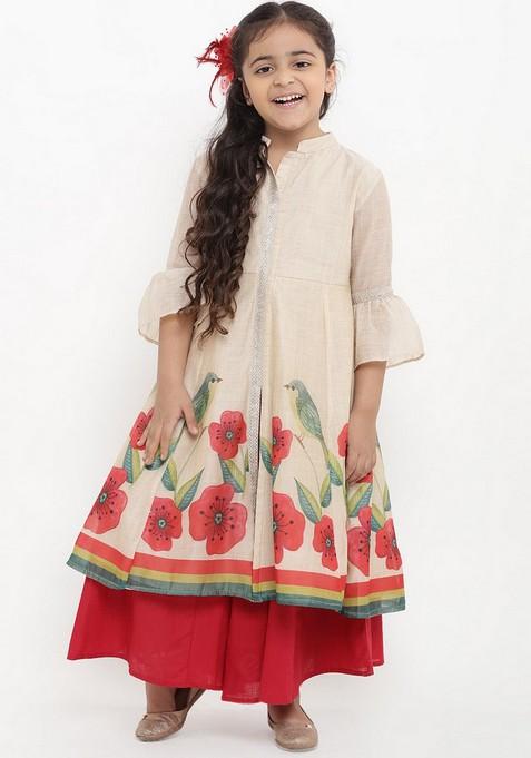 Beige Printed Kurta With Palazzo (Set of 2)