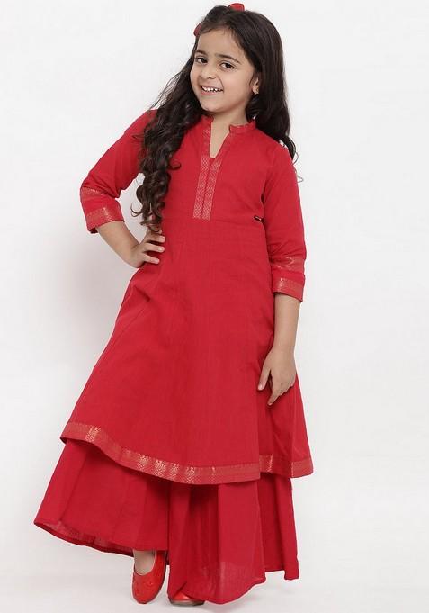 Red Self Design Kurta With Palazzo (Set of 2)