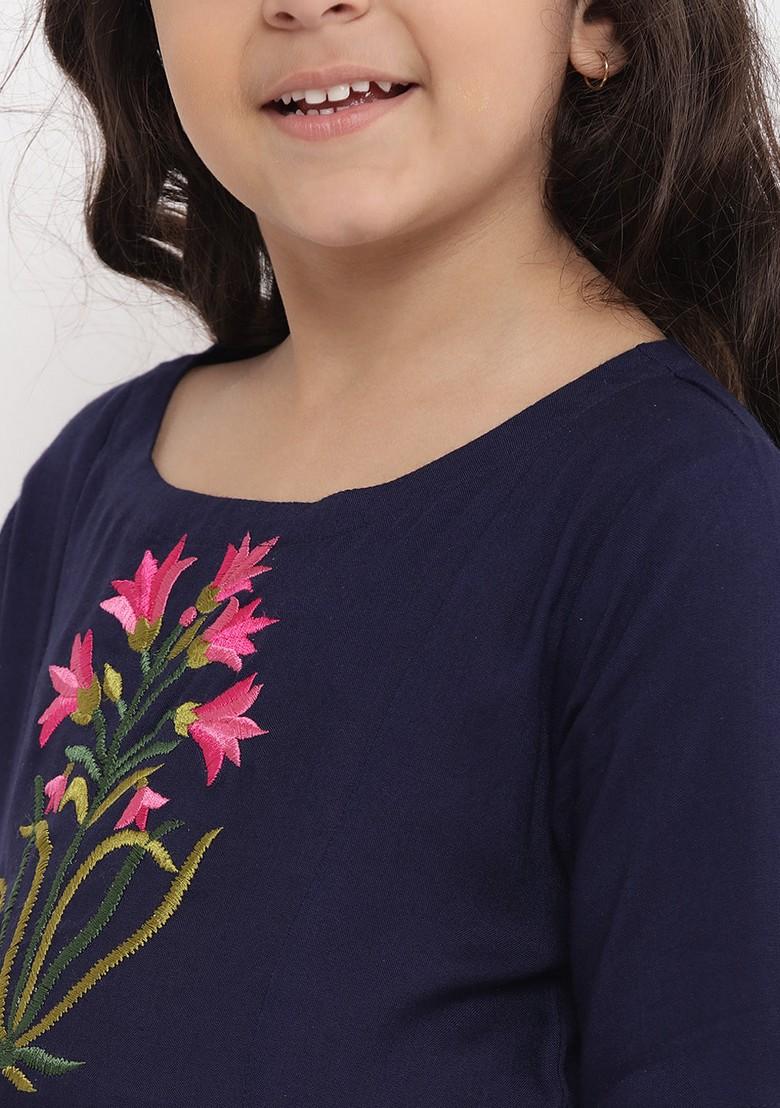 Navy Blue Floral Embroidered Kurta With Palazzo (Set of 2)