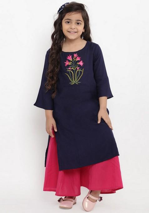 Navy Blue Floral Embroidered Kurta With Palazzo (Set of 2)